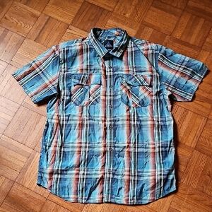 PRANA Plaid Short Sleeve Shirt - Blue and Red